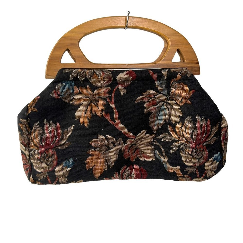 Vintage 80s Black Flora Wood Handle Woven Bag